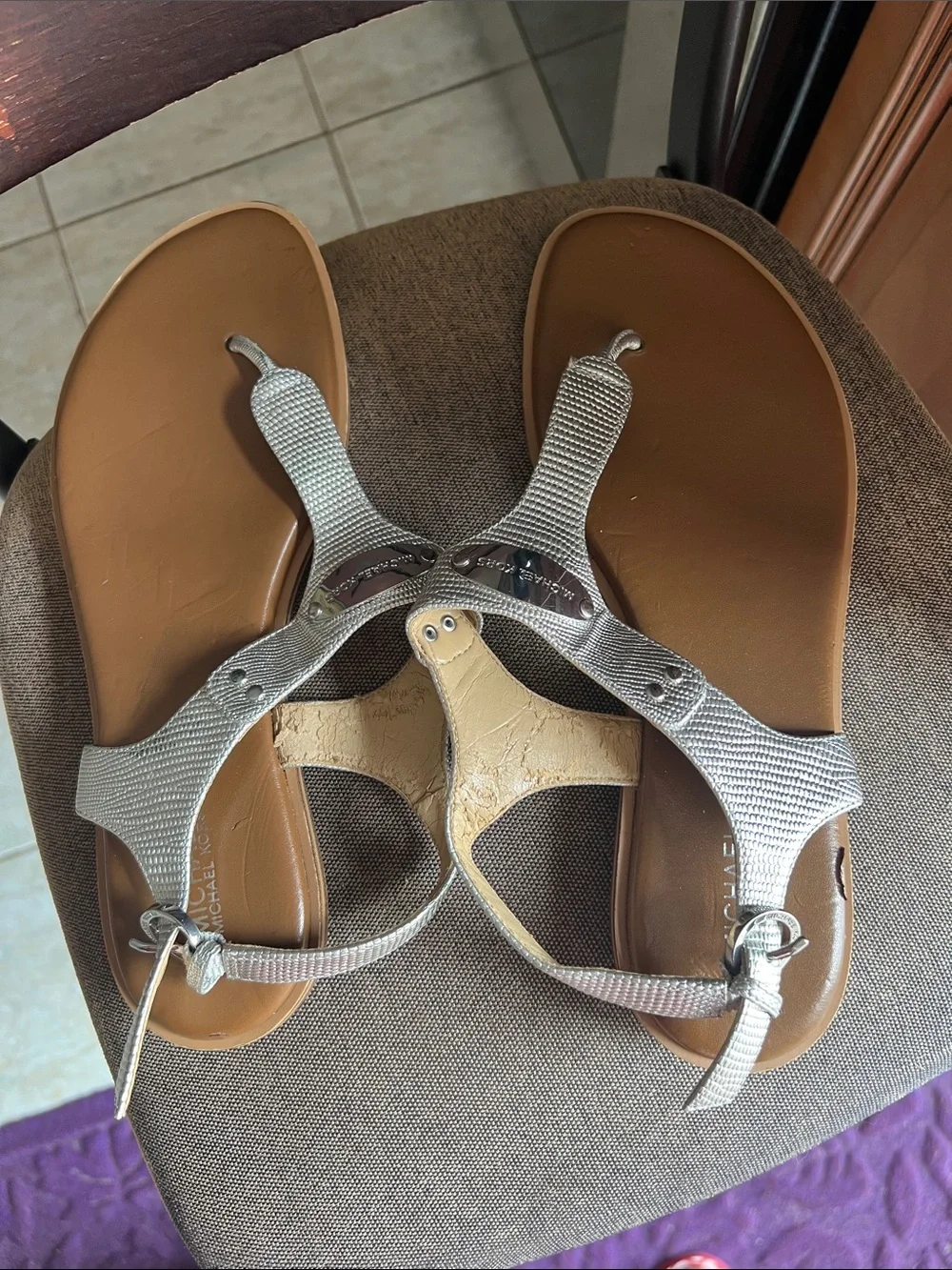 Michael Kors Silver Metallic Thong Sandals with Brown Footbed